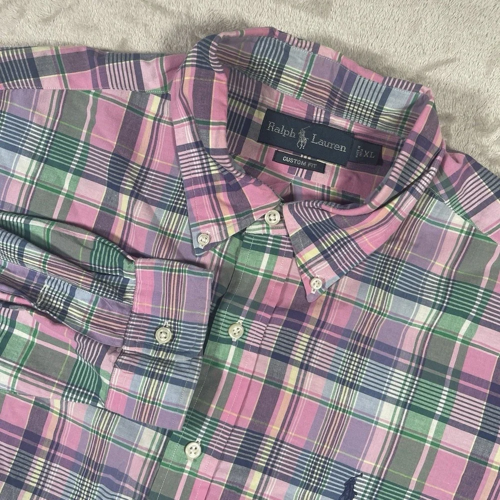 Ralph Lauren Custom Fit Plaid Button Down Shirt Mens XL Pink Blue